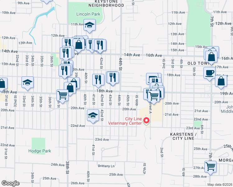 map of restaurants, bars, coffee shops, grocery stores, and more near 1811 43rd Street in Rock Island