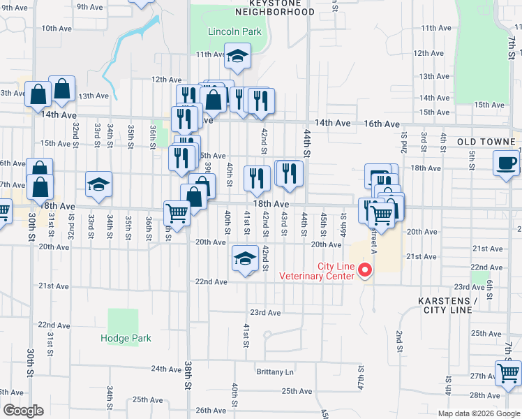 map of restaurants, bars, coffee shops, grocery stores, and more near 1812 42nd Street in Rock Island