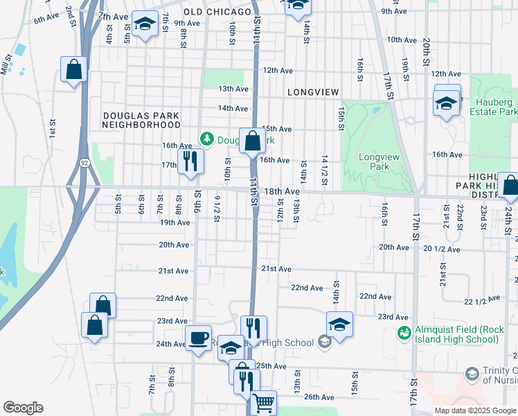 map of restaurants, bars, coffee shops, grocery stores, and more near 1111 19th Avenue in Rock Island