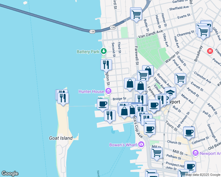 map of restaurants, bars, coffee shops, grocery stores, and more near 53 Washington Street in Newport