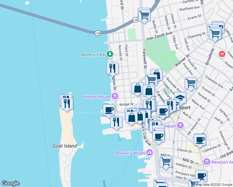 map of restaurants, bars, coffee shops, grocery stores, and more near 55 Washington Street in Newport