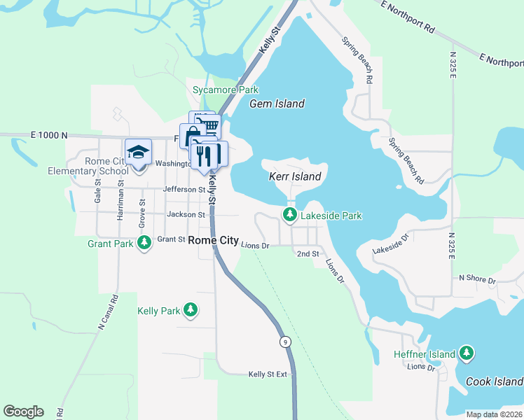 map of restaurants, bars, coffee shops, grocery stores, and more near 108 Park Dr in Rome City