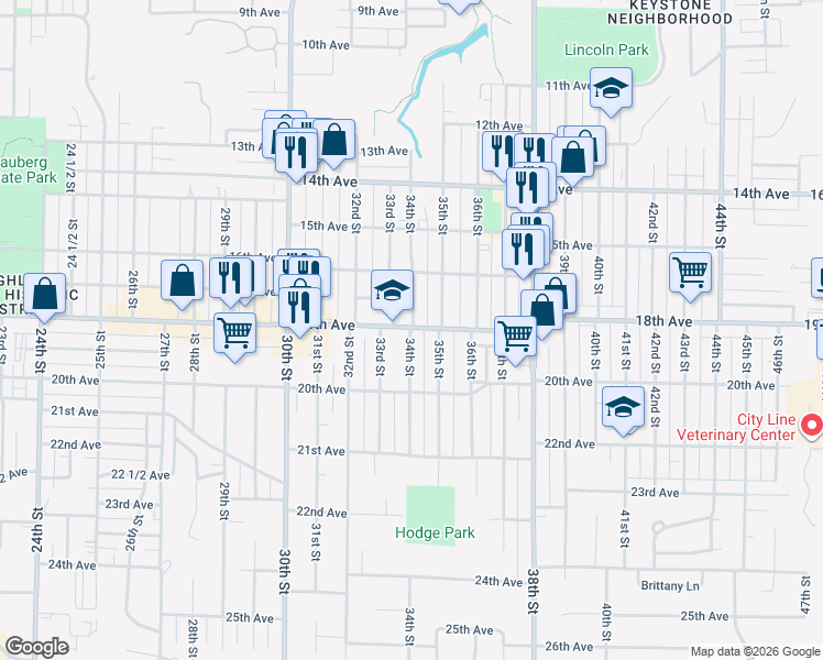 map of restaurants, bars, coffee shops, grocery stores, and more near 1803 34th Street in Rock Island
