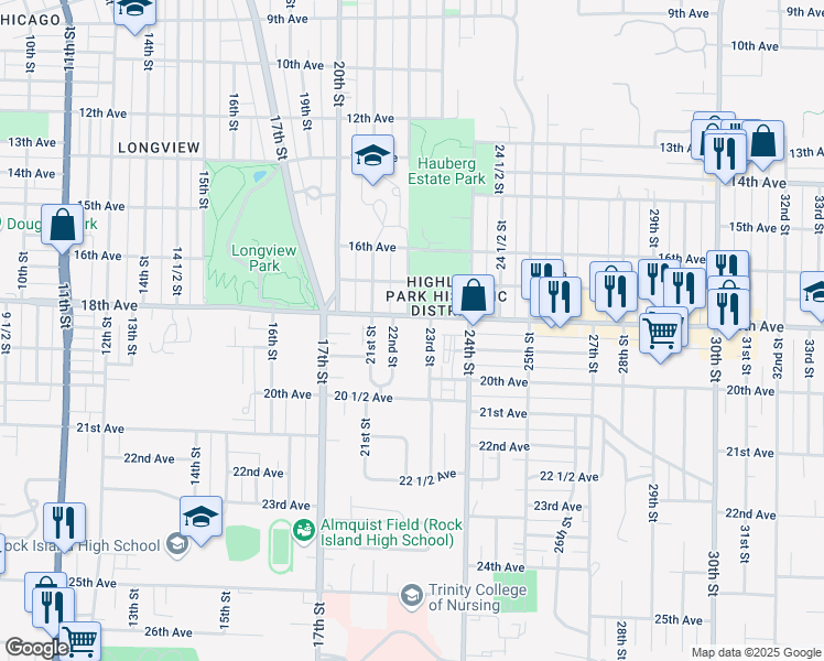 map of restaurants, bars, coffee shops, grocery stores, and more near 1818 23rd St in Rock Island