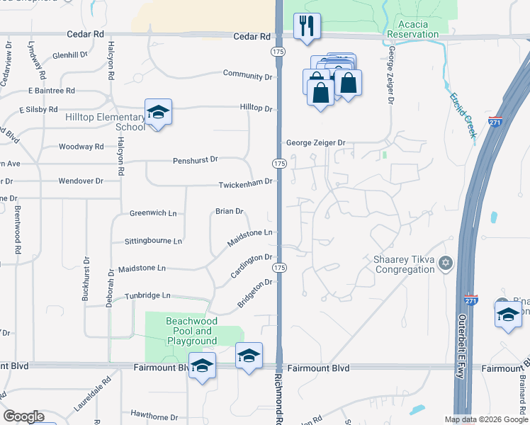 map of restaurants, bars, coffee shops, grocery stores, and more near 2432 Richmond Road in Beachwood