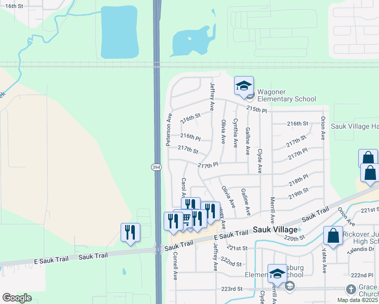 map of restaurants, bars, coffee shops, grocery stores, and more near 1624 217th Street in Sauk Village