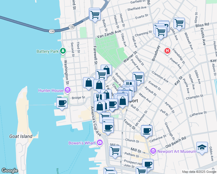 map of restaurants, bars, coffee shops, grocery stores, and more near 47 Farewell Street in Newport