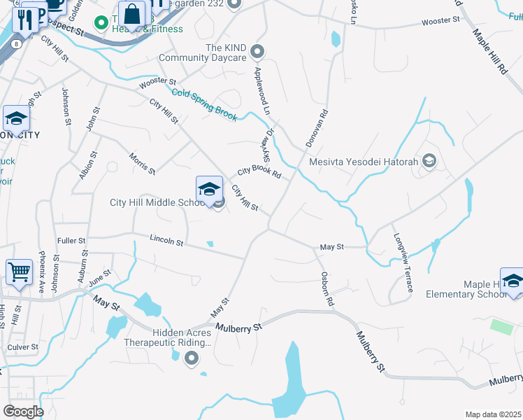 map of restaurants, bars, coffee shops, grocery stores, and more near 641 City Hill Street in Naugatuck