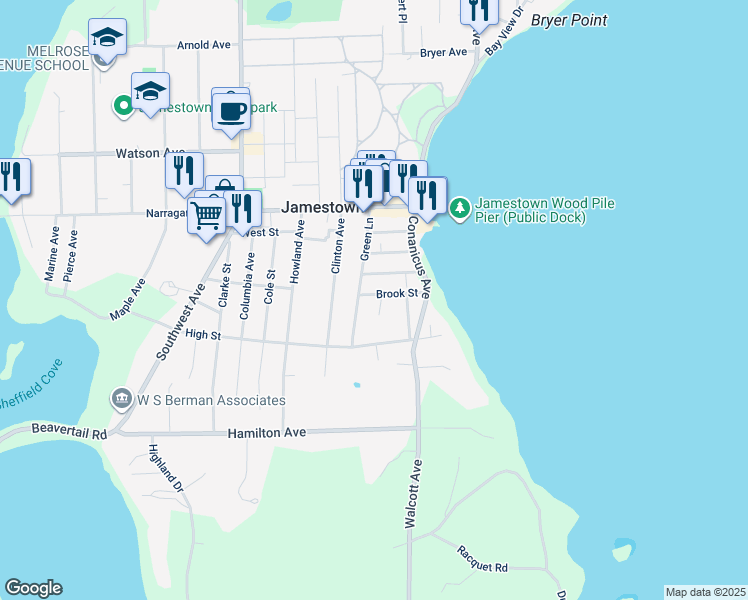 map of restaurants, bars, coffee shops, grocery stores, and more near 22 Pardon Tucker Place in Jamestown