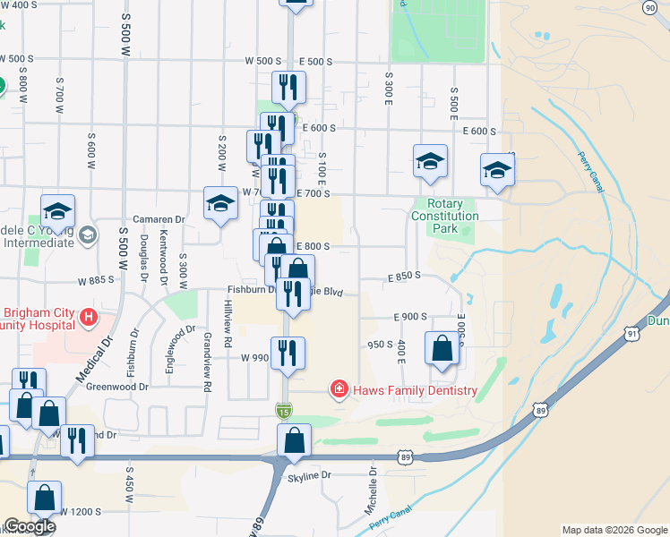 map of restaurants, bars, coffee shops, grocery stores, and more near 160 East 800 South in Brigham City