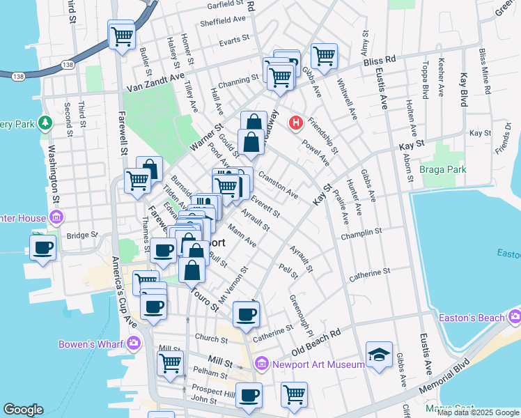 map of restaurants, bars, coffee shops, grocery stores, and more near 14 Ayrault Street in Newport