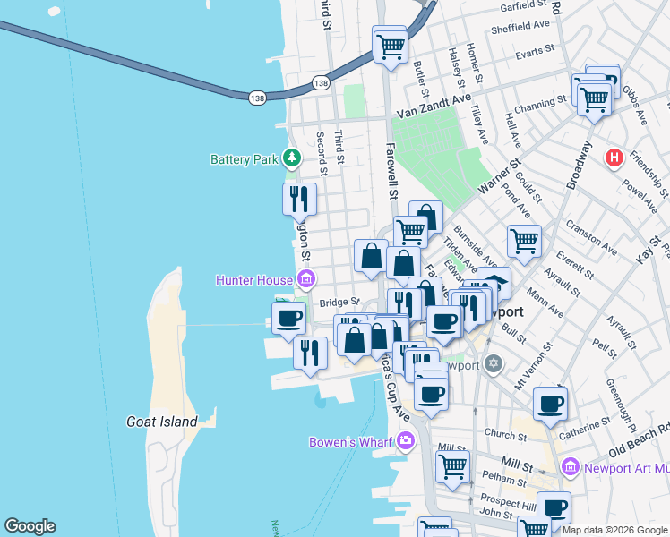 map of restaurants, bars, coffee shops, grocery stores, and more near 31 Elm Street in Newport