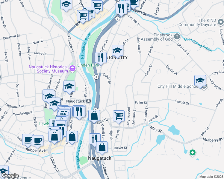map of restaurants, bars, coffee shops, grocery stores, and more near 43 Coen Street in Naugatuck