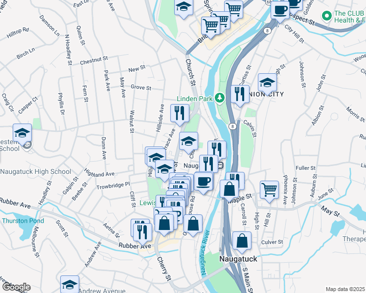 map of restaurants, bars, coffee shops, grocery stores, and more near 208 Meadow Street in Naugatuck