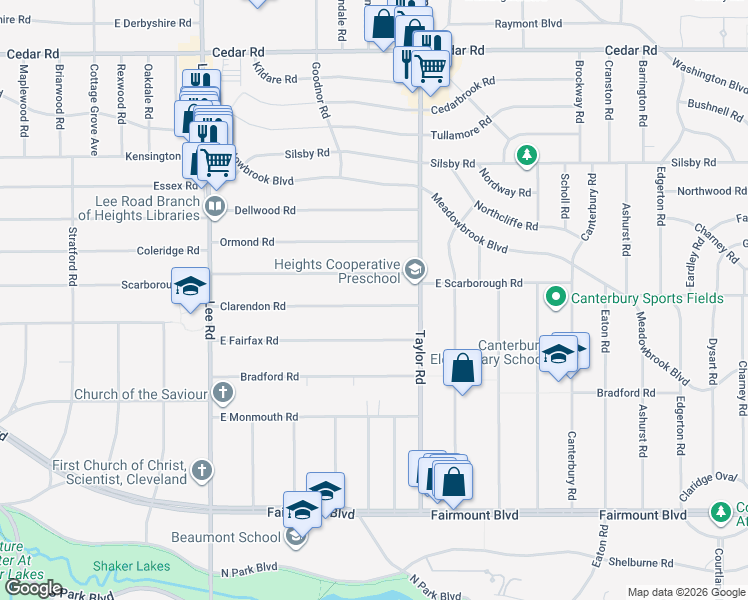 map of restaurants, bars, coffee shops, grocery stores, and more near 3390 Clarendon Road in Cleveland Heights