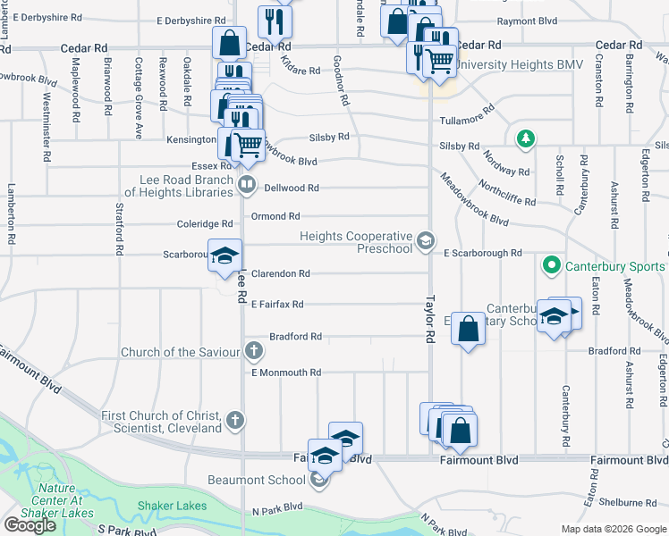 map of restaurants, bars, coffee shops, grocery stores, and more near 3306 Clarendon Road in Cleveland Heights