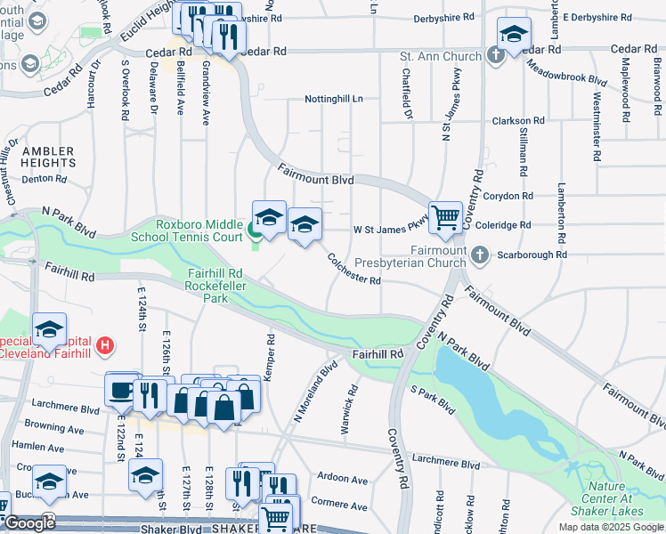 map of restaurants, bars, coffee shops, grocery stores, and more near 2616 Colchester Road in Cleveland Heights