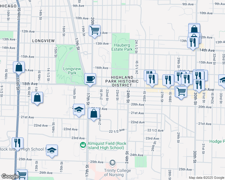 map of restaurants, bars, coffee shops, grocery stores, and more near 1818 23rd St in Rock Island