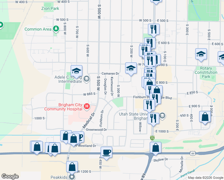 map of restaurants, bars, coffee shops, grocery stores, and more near 881 Kentwood Drive in Brigham City