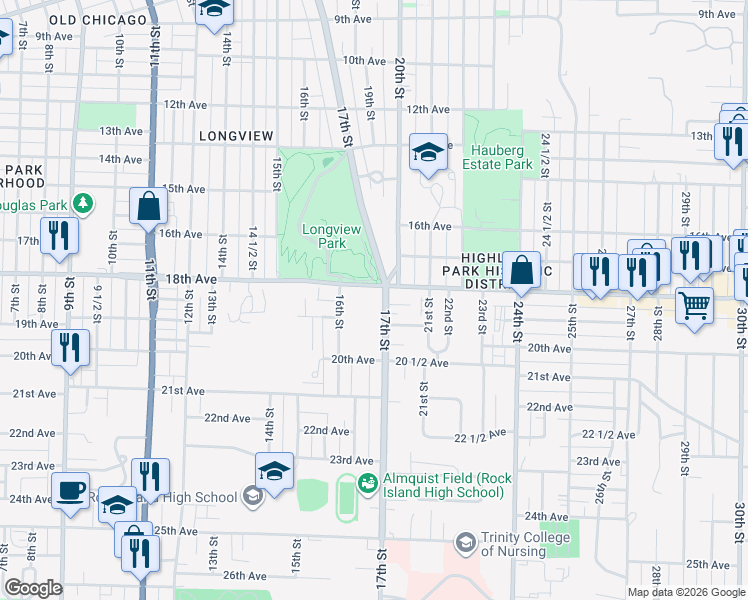 map of restaurants, bars, coffee shops, grocery stores, and more near 1820 17th Street in Rock Island