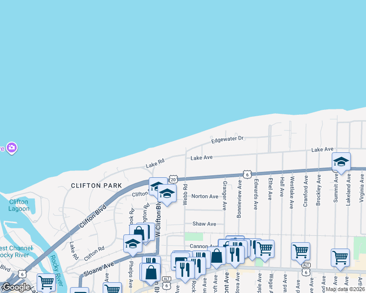 map of restaurants, bars, coffee shops, grocery stores, and more near 17802 Lake Rd in Lakewood