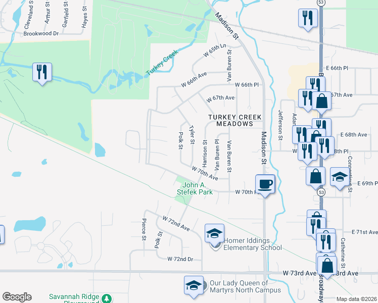 map of restaurants, bars, coffee shops, grocery stores, and more near 6913 Tyler Street in Merrillville