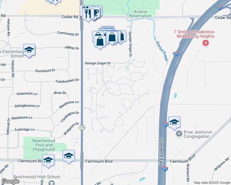 map of restaurants, bars, coffee shops, grocery stores, and more near 26150 Village Lane in Beachwood