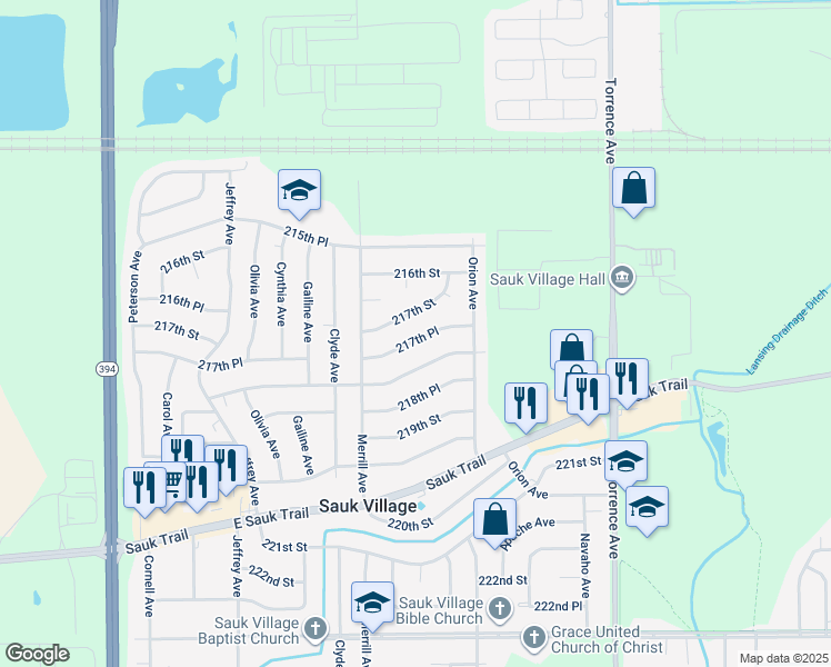 map of restaurants, bars, coffee shops, grocery stores, and more near 2063 217th Place in Sauk Village