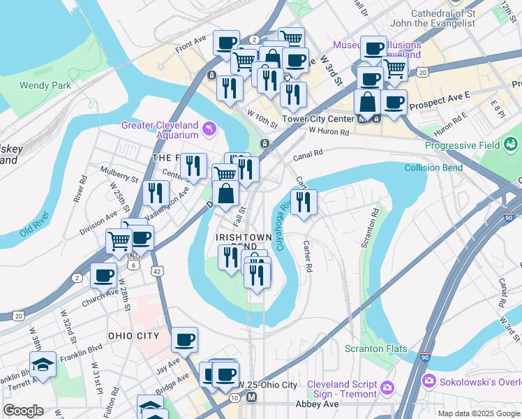 map of restaurants, bars, coffee shops, grocery stores, and more near 1720 Columbus Rd in Cleveland