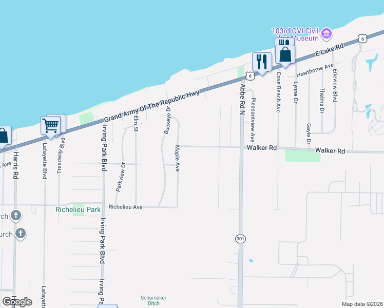 map of restaurants, bars, coffee shops, grocery stores, and more near 432 Woodruff Drive in Sheffield Lake