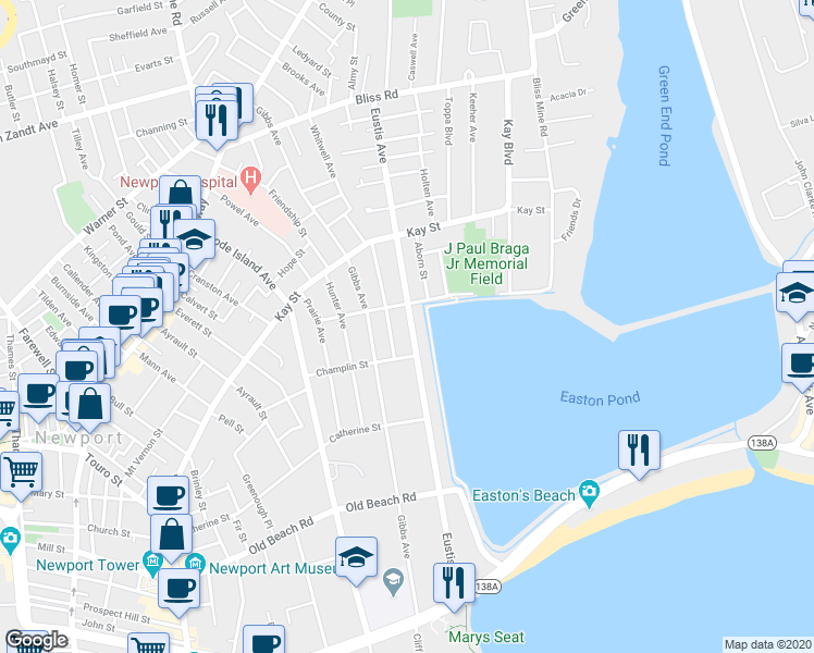 map of restaurants, bars, coffee shops, grocery stores, and more near 117 Eustis Avenue in Newport