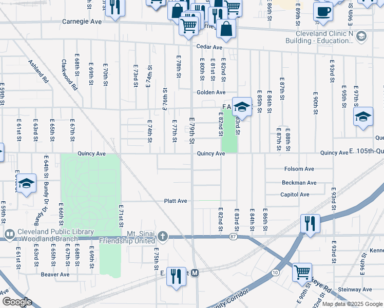 map of restaurants, bars, coffee shops, grocery stores, and more near E 79th St & Quincy Ave in Cleveland