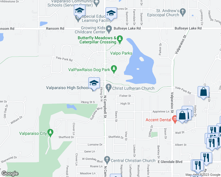 map of restaurants, bars, coffee shops, grocery stores, and more near 2610 Campbell Street in Valparaiso