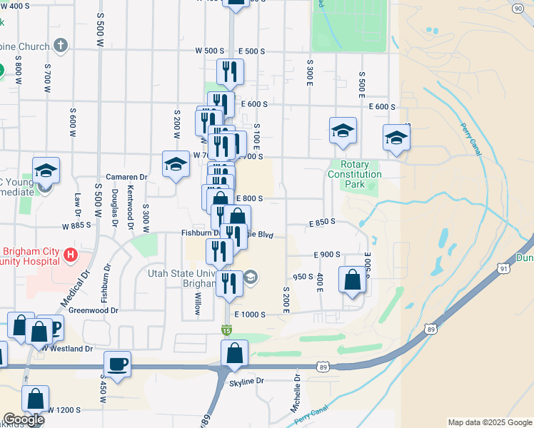 map of restaurants, bars, coffee shops, grocery stores, and more near 160 East 800 South in Brigham City