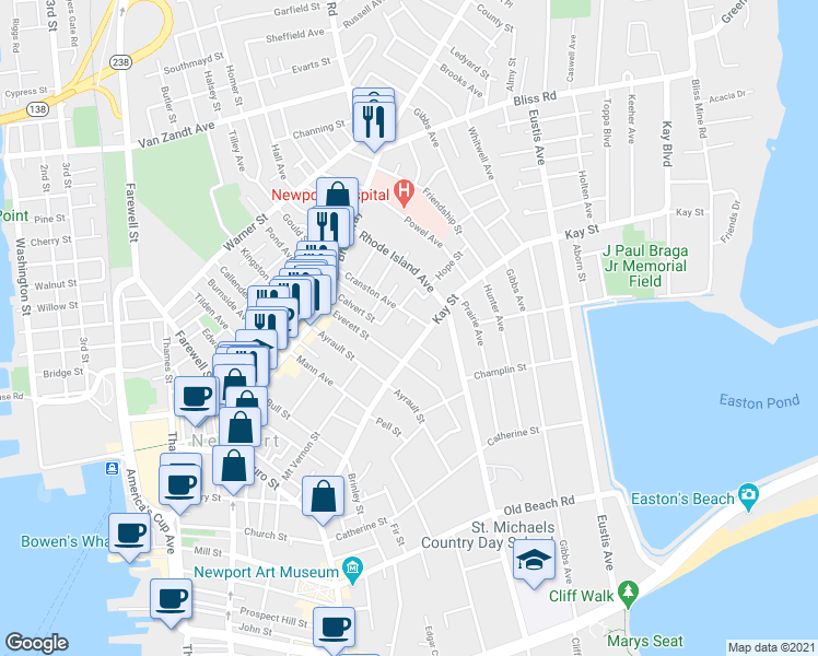 map of restaurants, bars, coffee shops, grocery stores, and more near 71 Kay Street in Newport