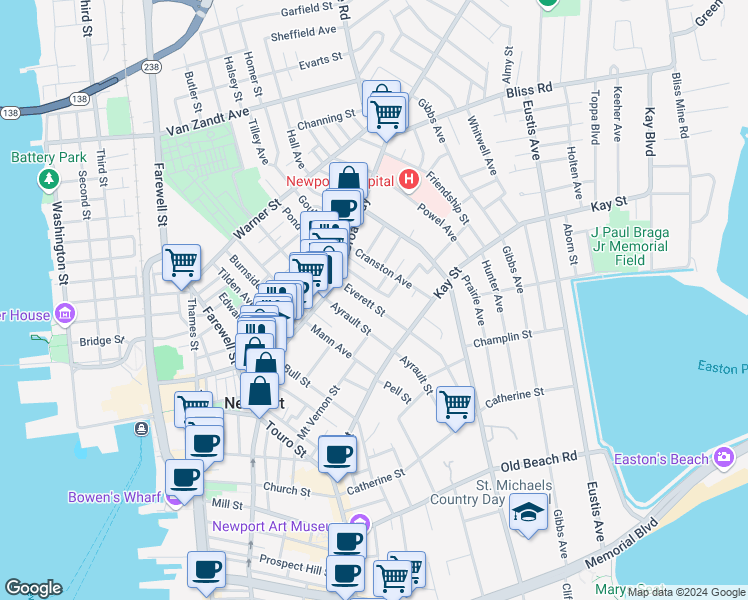 map of restaurants, bars, coffee shops, grocery stores, and more near 22 Everett Street in Newport