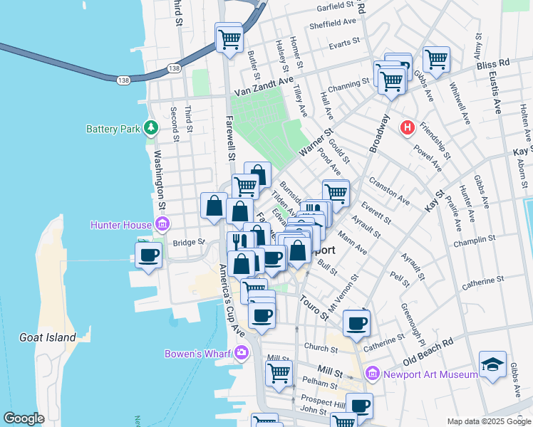 map of restaurants, bars, coffee shops, grocery stores, and more near 43 Farewell Street in Newport