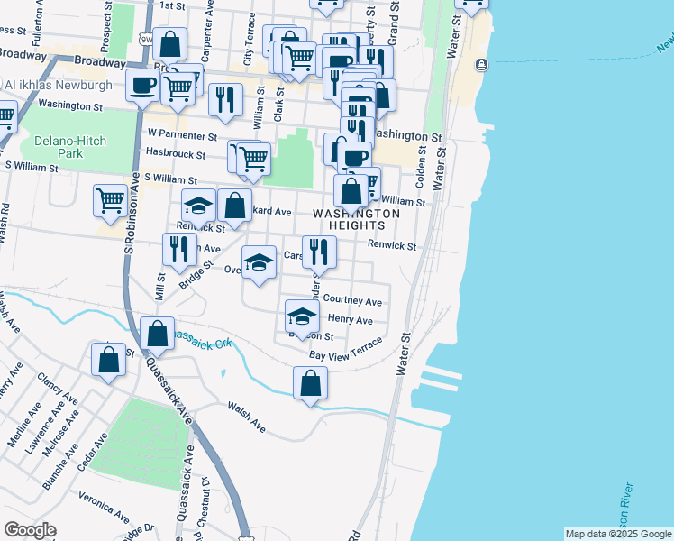 map of restaurants, bars, coffee shops, grocery stores, and more near 35 Liberty Street Washington Heights in Newburgh