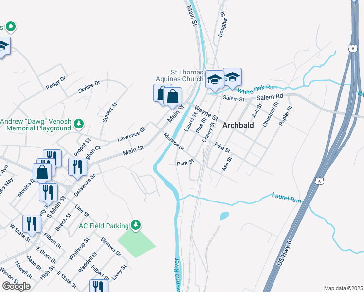 map of restaurants, bars, coffee shops, grocery stores, and more near 143 Monroe Street in Archbald