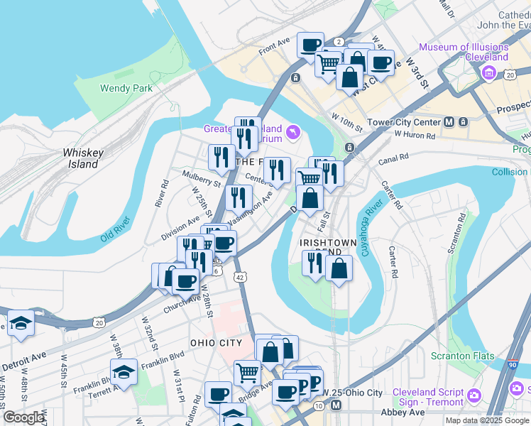 map of restaurants, bars, coffee shops, grocery stores, and more near 2222 Detroit Avenue in Cleveland