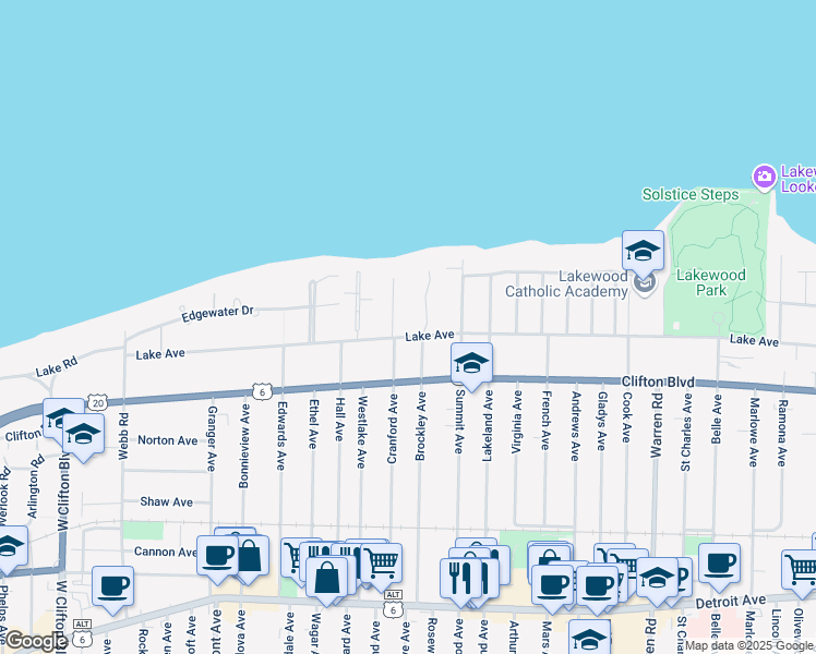 map of restaurants, bars, coffee shops, grocery stores, and more near 15731 Lake Avenue in Lakewood