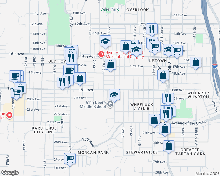 map of restaurants, bars, coffee shops, grocery stores, and more near 1906 10th Street in Moline