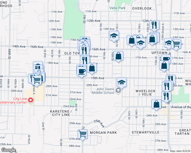 map of restaurants, bars, coffee shops, grocery stores, and more near 730 19th Ave in Moline
