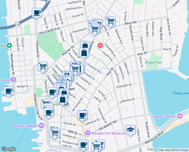 map of restaurants, bars, coffee shops, grocery stores, and more near 21 Calvert Street in Newport