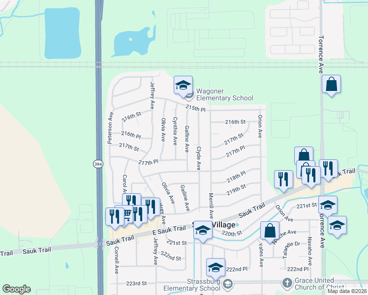 map of restaurants, bars, coffee shops, grocery stores, and more near 21706 Gailine Avenue in Sauk Village