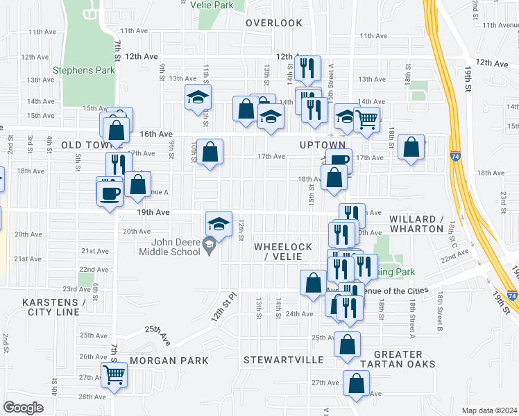 map of restaurants, bars, coffee shops, grocery stores, and more near 1845 13th Street in Moline