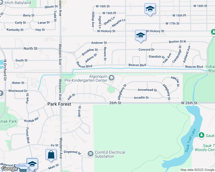 map of restaurants, bars, coffee shops, grocery stores, and more near 161 Algonquin Street in Park Forest