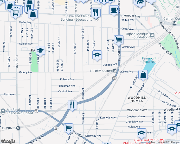 map of restaurants, bars, coffee shops, grocery stores, and more near 9400 Quincy Avenue in Cleveland
