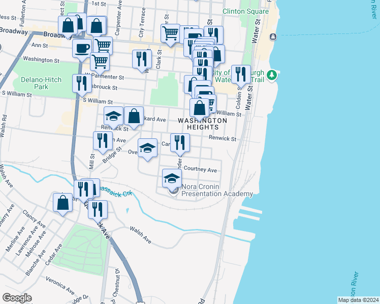 map of restaurants, bars, coffee shops, grocery stores, and more near 52 Overlook Place in Newburgh