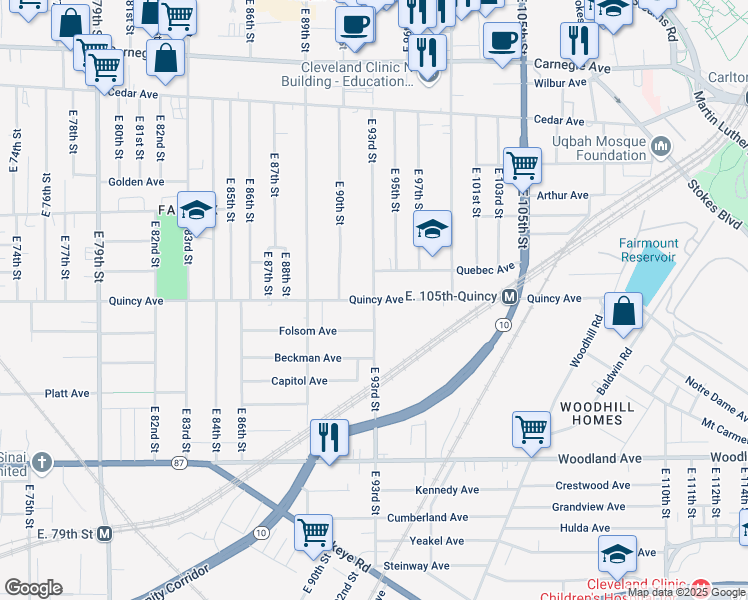 map of restaurants, bars, coffee shops, grocery stores, and more near 9300 Quincy Avenue in Cleveland